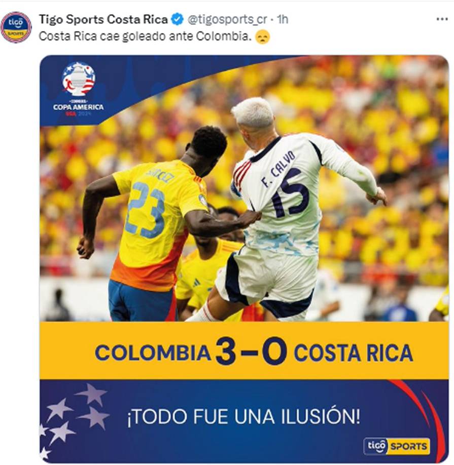 Tigo Sports de Costa Rica - “¡Todo fue una ilusión!. Costa Rica cae goleado ante Colombia”.