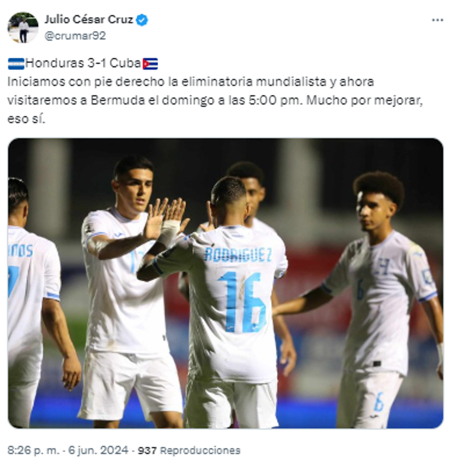 “Iniciamos con pie derecho la eliminatoria mundialista y ahora visitaremos a Bermuda el domingo a las 5:00 pm. Mucho por mejorar, eso sí”, comentó Julio Cruz.