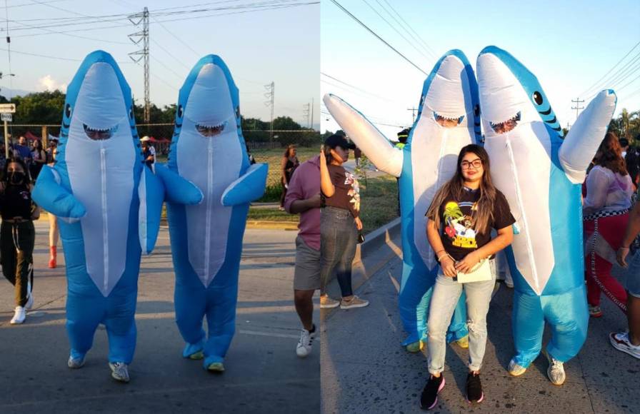 Los sampedranos Ángel Barahona y Normán Fernández se disfrazaron de tiburones. Esta linda chica posó junto a los divertidos fans de Bad Bunny. 