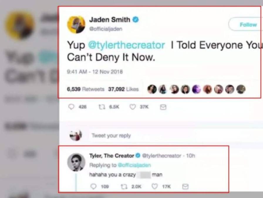 Jaden siguió confirmando su noviazgo en Twitter después de la presentación, escribiendo : 'Sí, @tylerthecreator, le dije a todos ya no puedes negarlo ahora'. Tyler respondió : 'Jajaja, eres un hombre loco'.