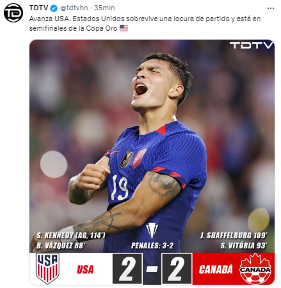 TDTV: “Avanza USA. Estados Unidos sobrevive a una locura de partido y está en semifinales de la Copa Oro”.