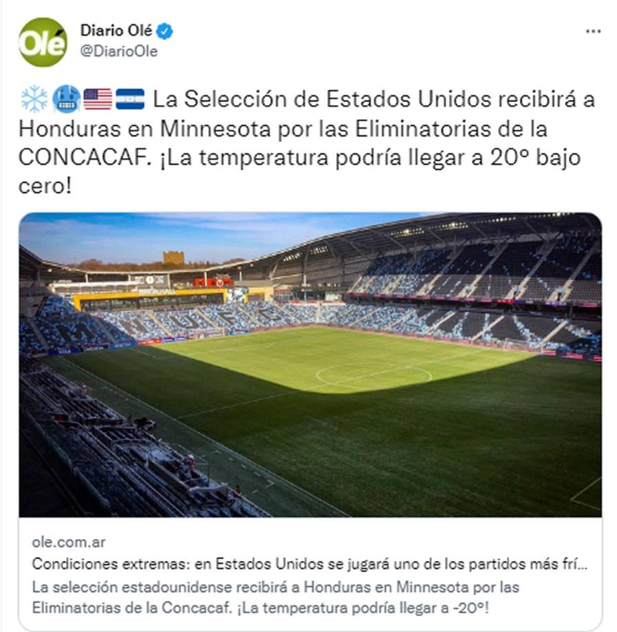 Diario Olé de Argentina destacó que el duelo Estados Unidos-Honduras se juega bajo “condiciones extremas” y lo califican como “uno de los partidos más fríos de la historia”.