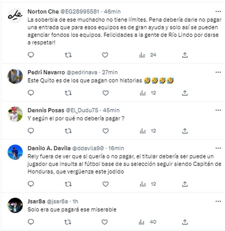 Los mensajes de usuarios en Twitter criticando a Romell Quioto por lo que dijo y por no querer pagar una entrada al estadio de Río Lindo.