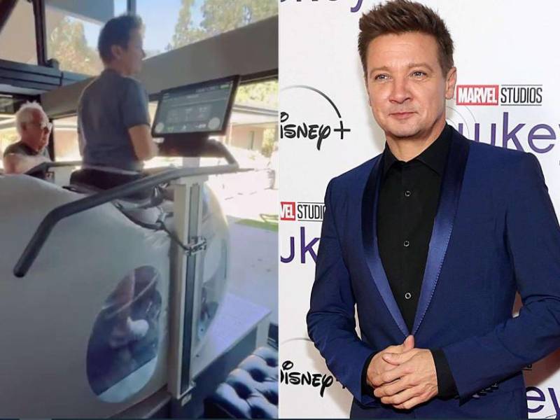 El actor Jeremy Renner camina con apoyo de una máquina antigravedad.