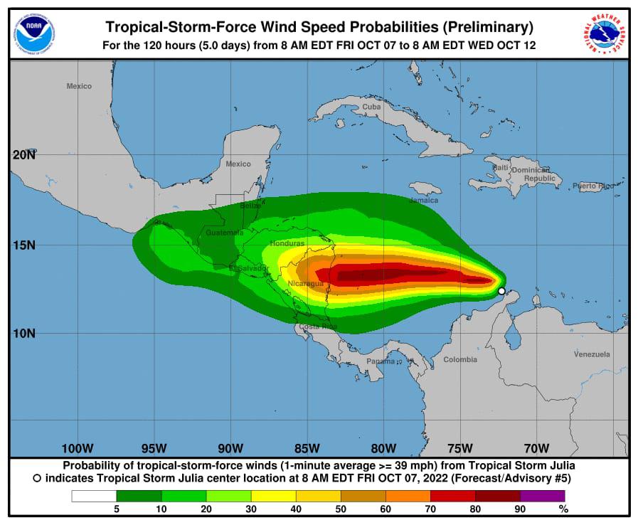 Esta es la trayectoria de la tormenta tropical Julia, que amenaza con dejar fuertes lluvias sobre territorio hondureño.