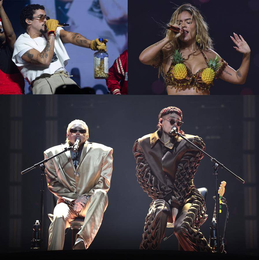 Combo de fotografías de archivo de los artistas Bad Bunny, Karol G y el dúo Ca7riel &amp; Paco Amoroso. EFE