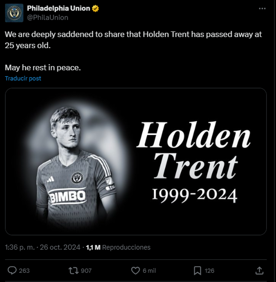 “Philadelphia Union está desolada por el desgarrador fallecimiento de Holden Trent. Aunque era un jugador maravilloso y un competidor feroz, era sobre todo un hijo devoto, un hermano, un prometido y un compañero de equipo que hizo mejores a los que le rodeaban”, comienza el comunicado,