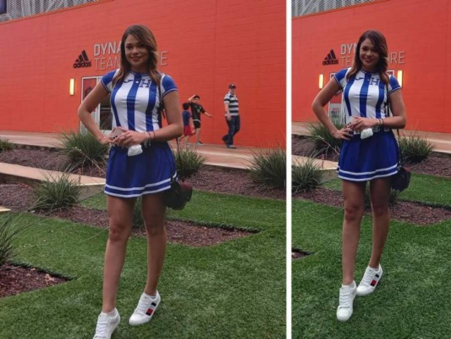 La guapa Sirey Morán, ex Miss Universo Honduras y presentadora de Televicentro, llegó así de sexy al estadio de Houston para alentar a la Bicolor.