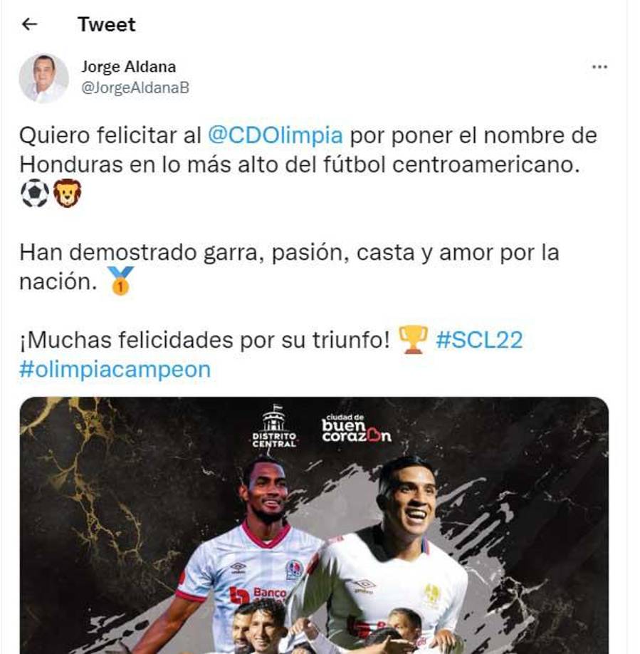 Jorge Aldana, alcalde de Tegucigalpa, se unió a las felicitaciones para el Olimpia.