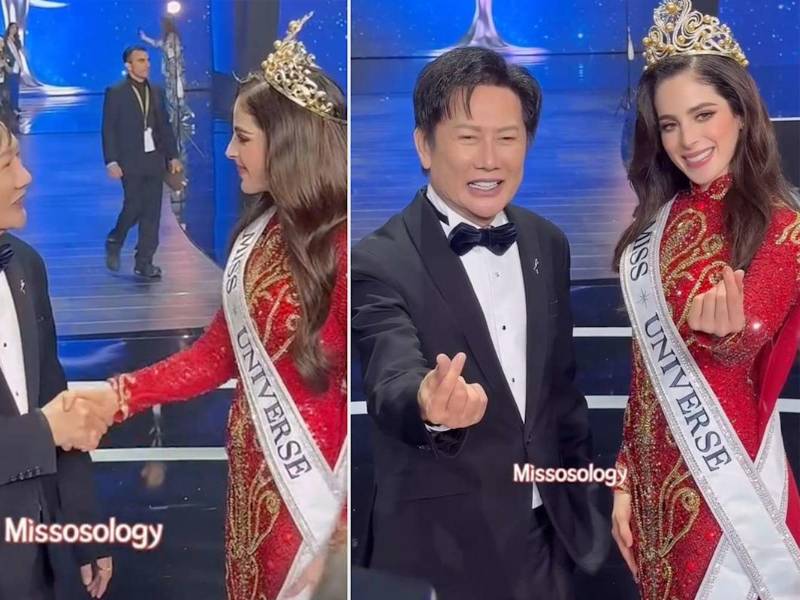 Pese a la controversia, Nawat Itsaragrisil posó muy feliz junto a Fátima Bosch en la final de Miss Universo.