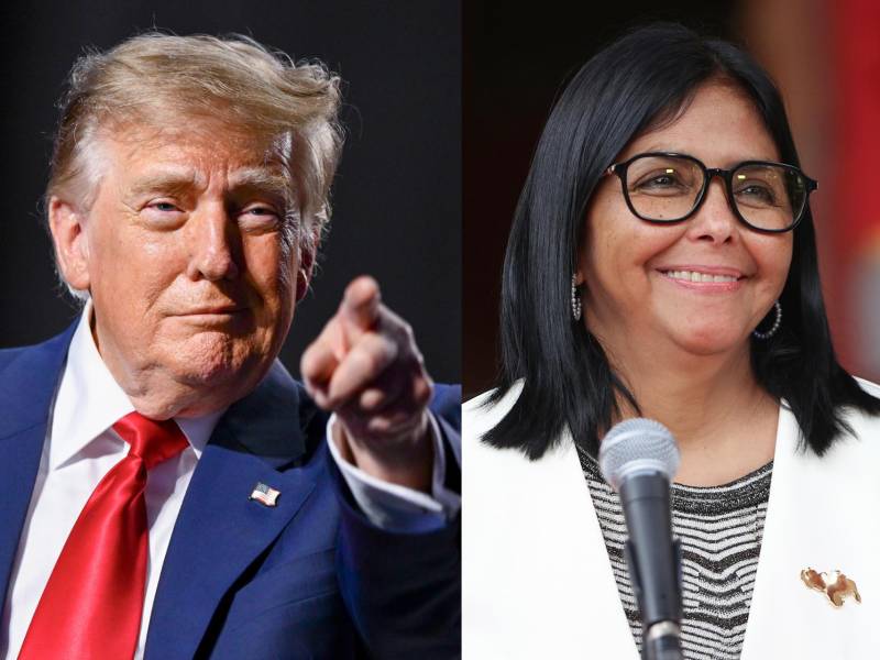 Fotografías de archivo del presidente de Estados Unidos, Donald Trump (i), y de la presidenta encargada de Venezuela, Delcy Rodríguez, quienes se reunirán este martes por primera vez en persona. EFE/ Albert Pena/ Ronald Peña R.