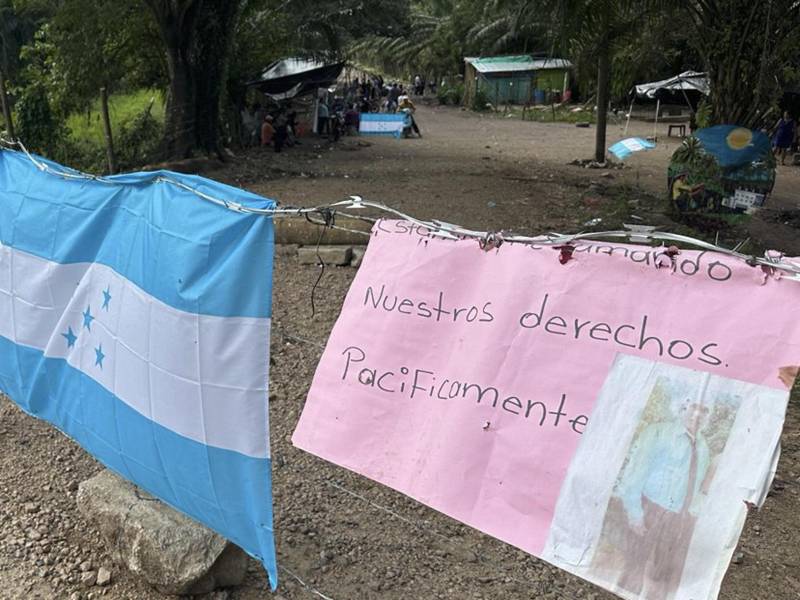 Fotografía del 12 de enero de 2025 de una bandera de Honduras y un cartel durante un plantón de campesinos en Quebrada de Arena (Honduras). EFE
