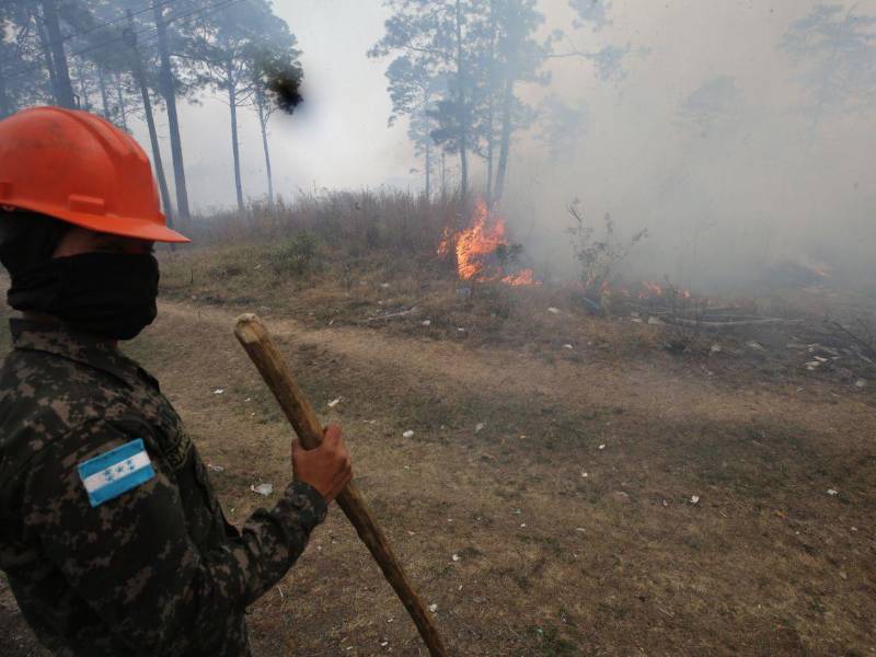 Un militares trabaja en apagar un incendio forestal.