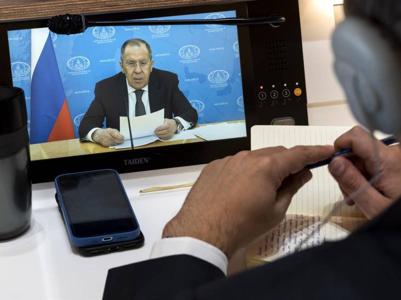 Declaración grabada del ministro de Exteriores ruso, Sergei Lavrov, emitida el martes en la Conferencia de Desarme que se celebra en Ginebra. EFE/EPA/SALVATORE DI NOLFI / POOL