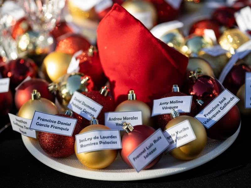 Fotografía donde se observa adornos navideños con nombres de presos políticos durante una manifestación el domingo, en Caracas (Venezuela).