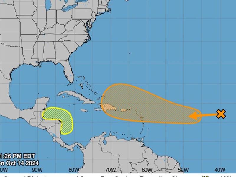 Gráfica del sistema de baja presión en el Atlántico del Centro Nacional de Huracanes (NHC por sus siglas en inglés), con sede en Miami.