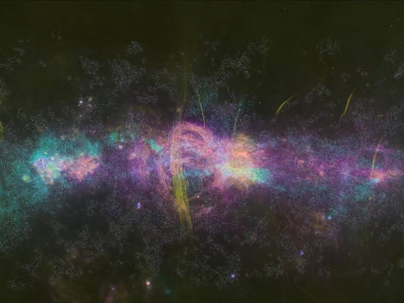 Este mapa en longitudes de onda infrarrojas, muestra detalles en un tramo de nuestra galaxia. Los colores representan diferentes temperaturas del polvo.