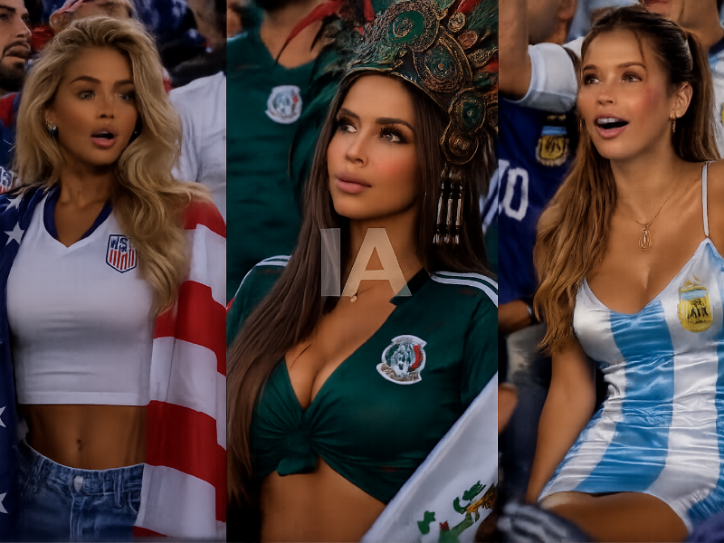 Collage de imágenes de aficionadas falsas creadas con inteligencia artificial.