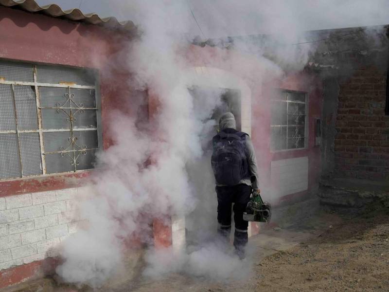 Un brote de dengue se ha estado propagando rápidamente en varios países latinoamericanos. Fumigando una casa en Perú contra los mosquitos para frenar la propagación.