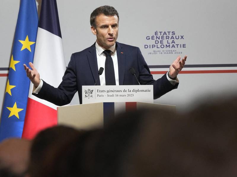 French President Emmanuel Macron delivers his speech during the National Roundtable on Diplomacy at the Foreign Ministry in Paris on March 16, 2023. - France’s Foreign Ministry is undertaking a sweeping review of its vast diplomatic corps, an effort driven by President Emmanuel Macron to adapt French diplomacy to 21st century challenges. (Photo by Michel Euler / POOL / AFP)