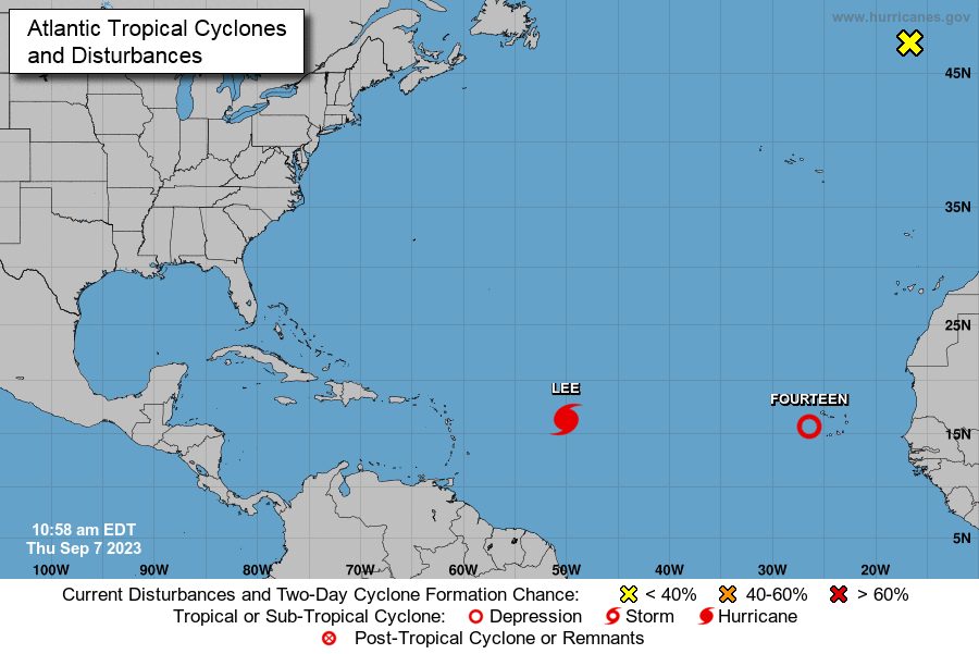 Ilustración satelital de la ubicación del huracán Lee, que se mueve muy cerca de las Antillas Menores, en el Atlántico.