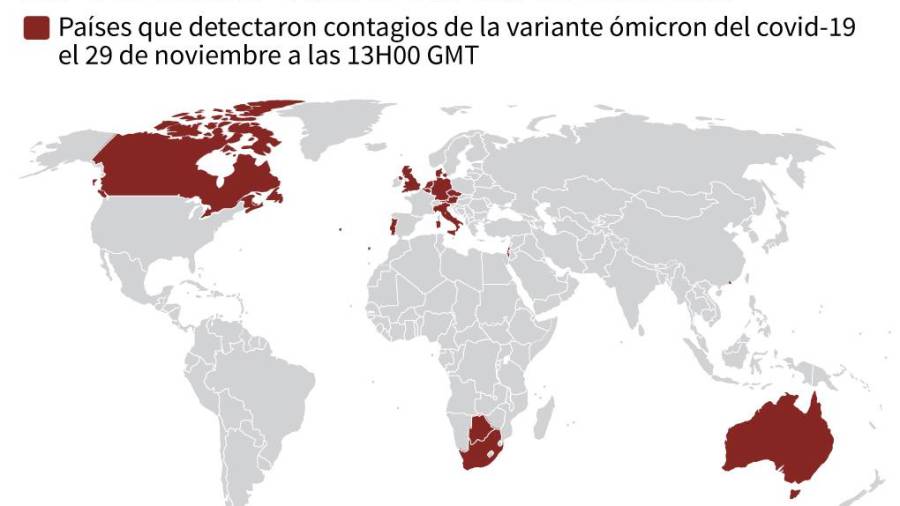 $!Mapamundi destacando los países que declararon haber detectado al variante ómicron del covid-19, el 29 de noviembre a las 13H00 GMT - AFP / AFP