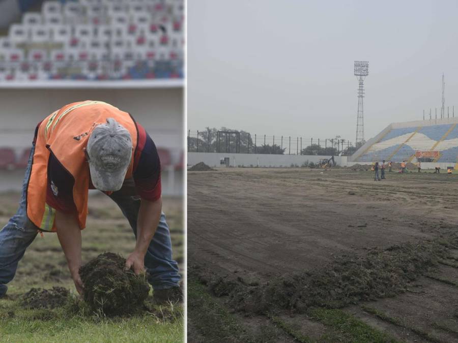 La grama del estadio Morazán de San Pedro Sula está siendo removida para colocar una nueva y el terreno de juego luce despoblado.