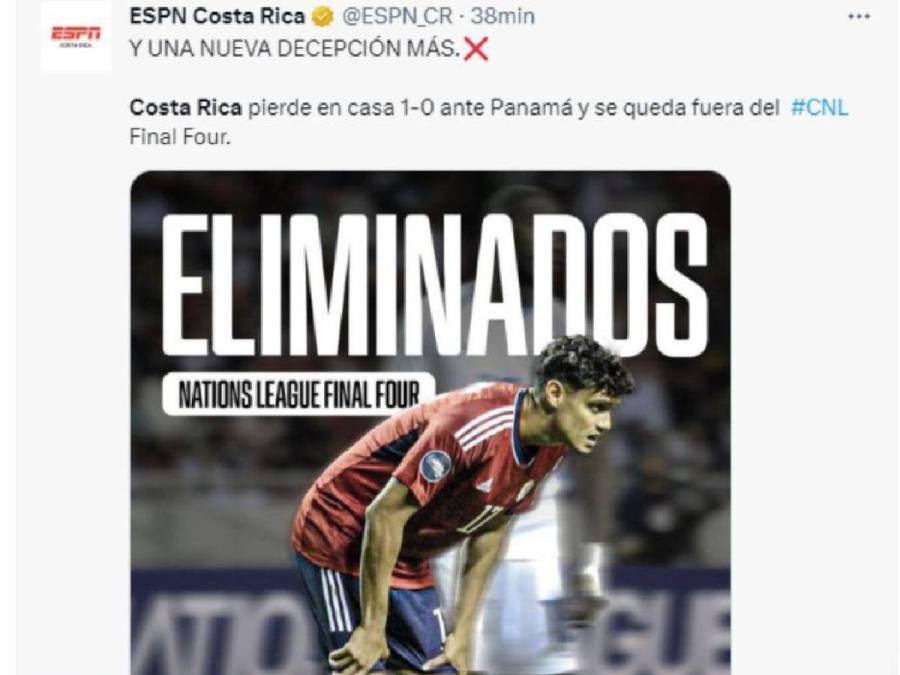 ESPN Costa Rica: “Y UNA NUEVA DECEPCIÓN MÁS. Costa Rica pierde en casa 1-0 ante Panamá y se queda fuera del Final Four”.