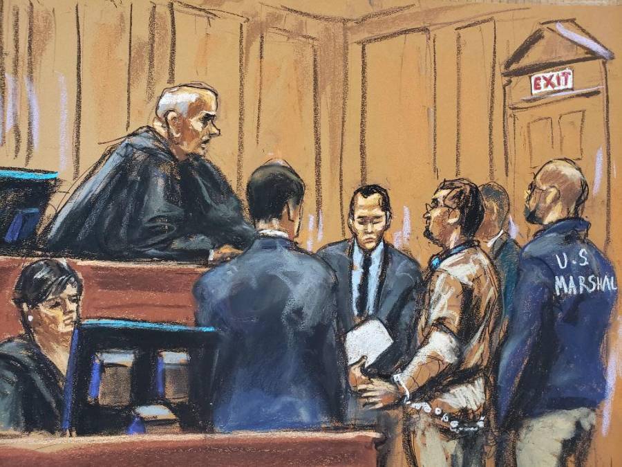 $!Ilustración que muestra a Juan Orlando Hernández en audiencia con Kevin Castel.