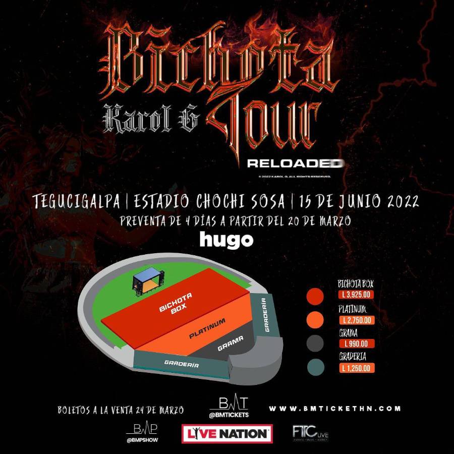 APROVECHE. Estas son las localidades para el concierto de la colombiana, aún hay boletos a la venta. Los precios son los: Bichota Box L3,925, platinum L2,750, grama L990 y gradería L1,250. Adquiéralos en la página www.bmticket.com