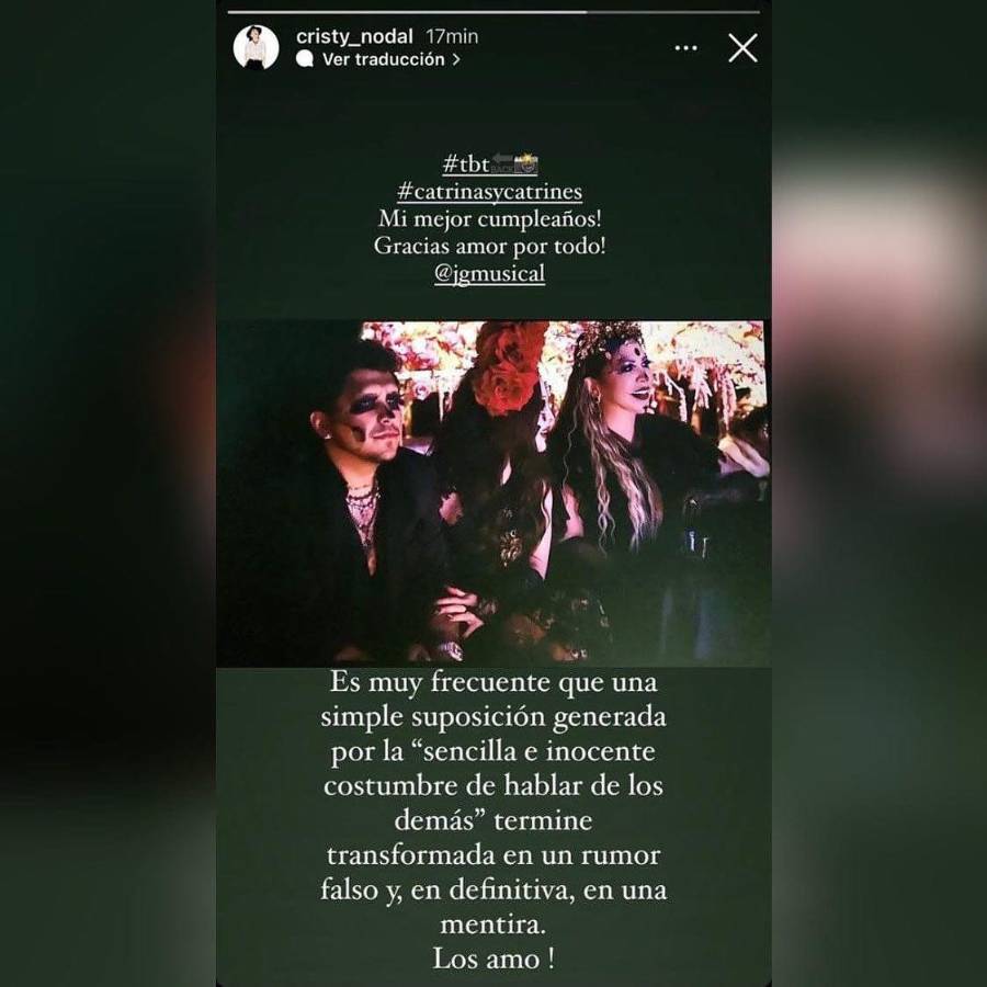 Cristy Nodal compartió este mensaje en Instagram para desmentir que no aprueba la relación sentimental que su hijo mantiene con Belinda.