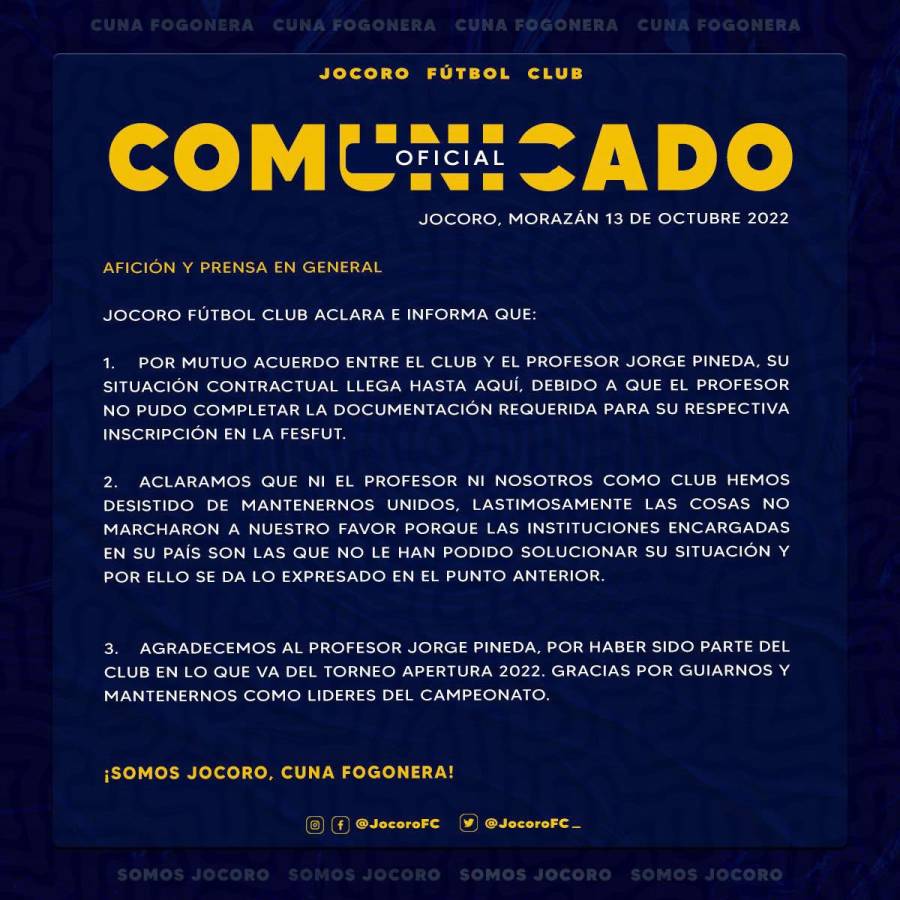 El comunicado del Jocoro FC sobre la salida de Jorge Ernesto Pineda.
