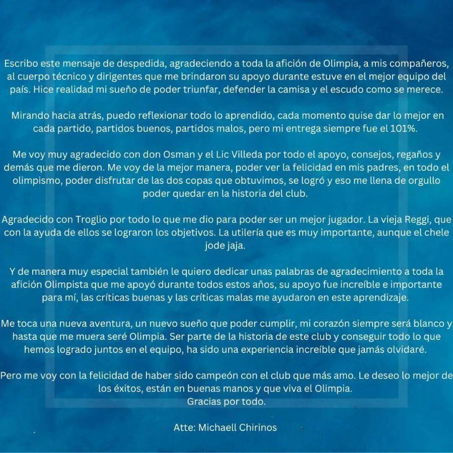 Las emotivas palabras de despedida de Michaell Chirinos.