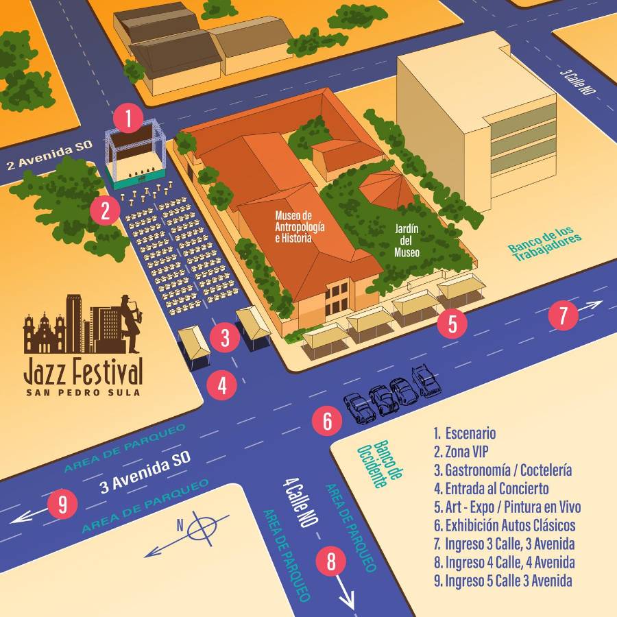 Croquis del evento, con especificaciones sobre los ingresos, entrada y las ubicaciones de las atracciones principales.