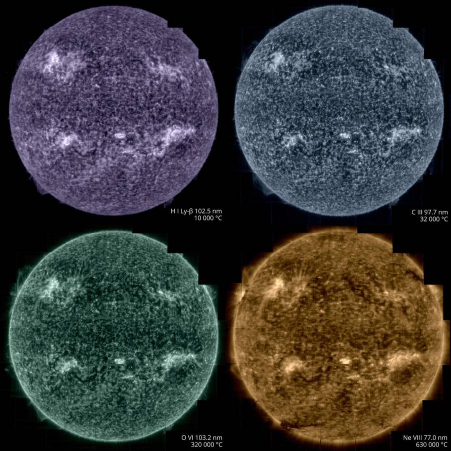 Imágenes tomadas por el instrumento SPICE de Solar Orbiter en varias longitudes de onda del espectro ultravioleta.