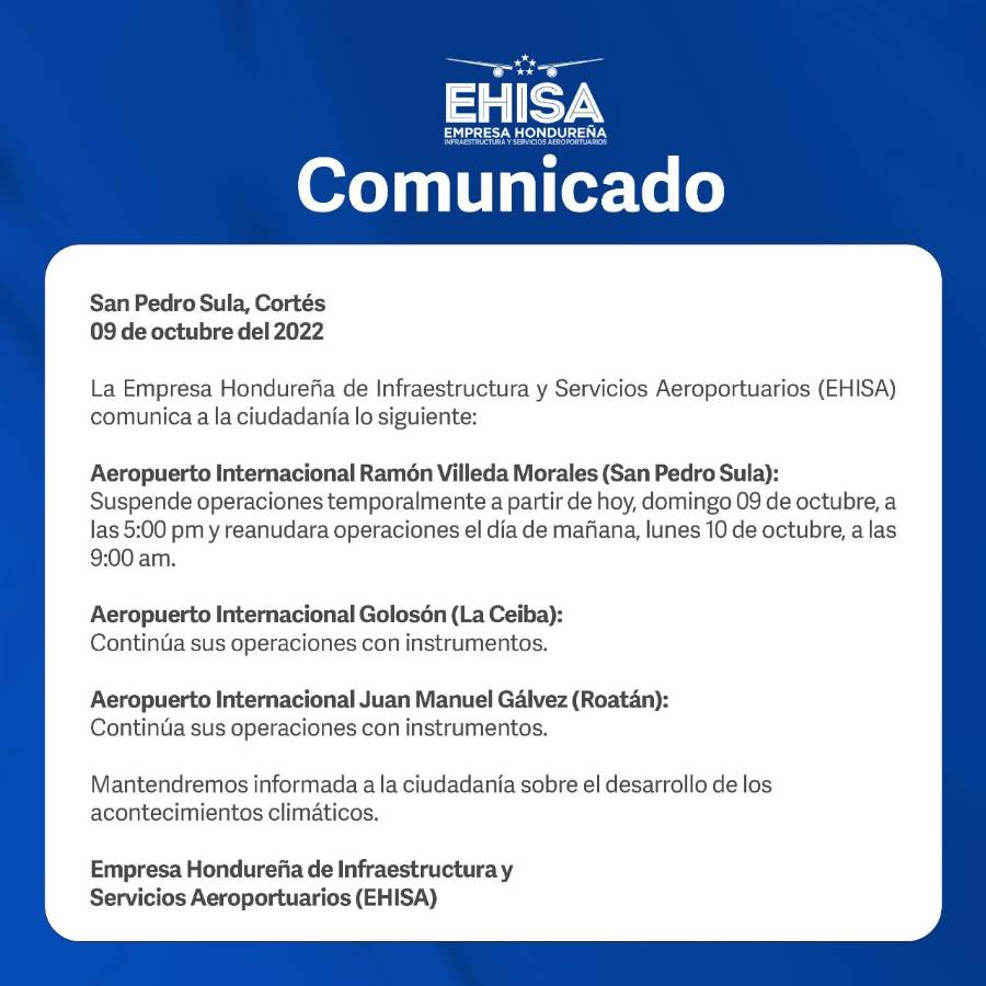 Suspenden operaciones en el aeropuerto Ramón Villeda Morales