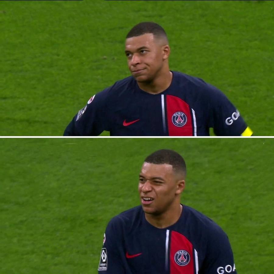 Las caritas que puso Mbappé al ver que sería sustituido.