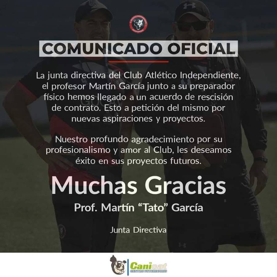 Comunicado oficial sobre la salida de Tato García del Independiente.