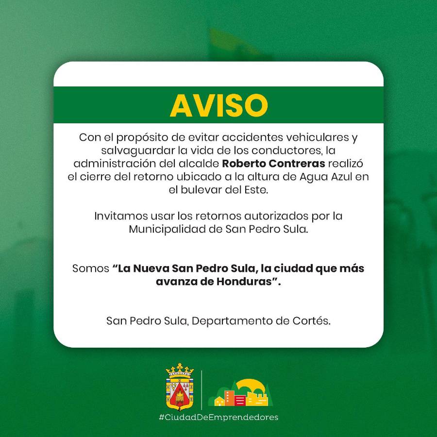 Aviso emitido por la alcaldía de San Pedro Sula.