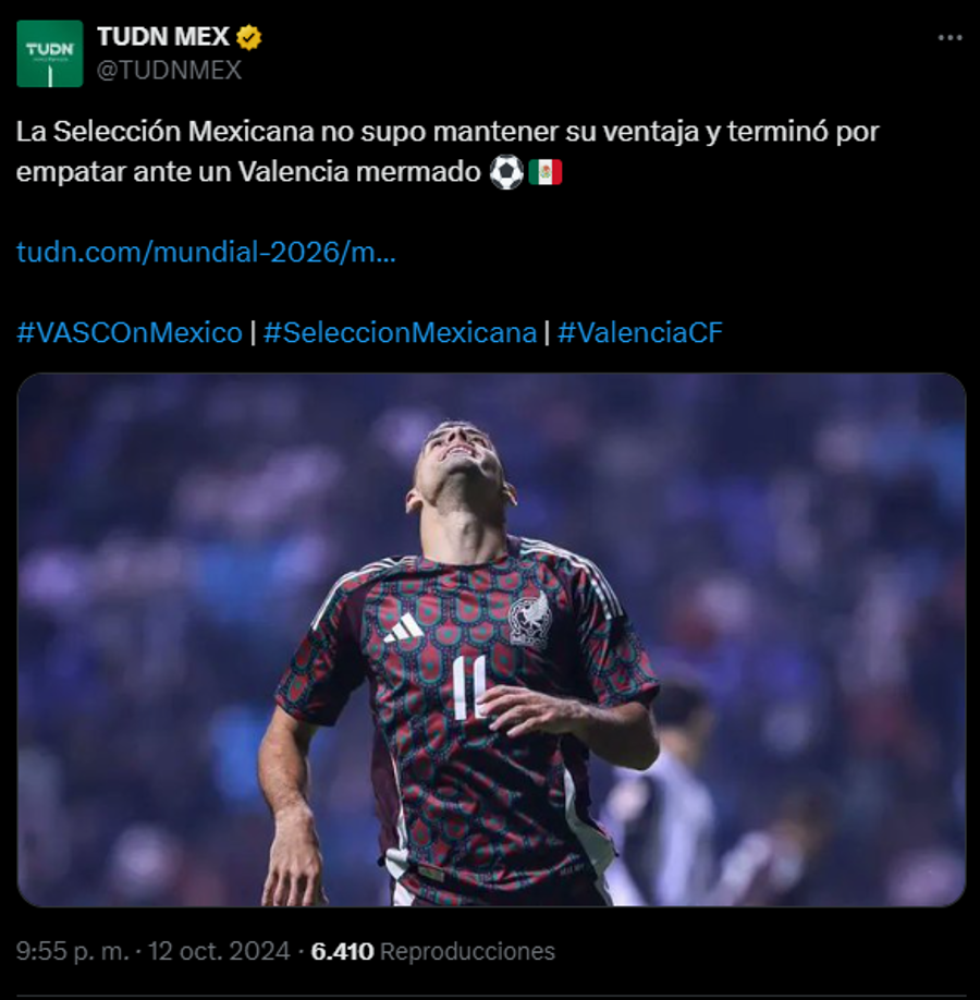 “La Selección Mexicana no supo mantener su ventaja y terminó por empatar ante un Valencia mermado”, TUDN.
