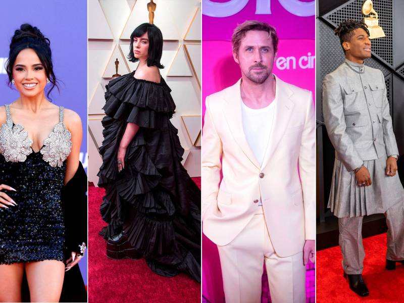 Composición de cuatro fotografías de archivo donde aparecen, desde la izquierda, las cantantes estadounidenses Becky G y Billie Eilish, el actor canadiense Ryan Gosling y el cantante estadounidense Jon Batiste.