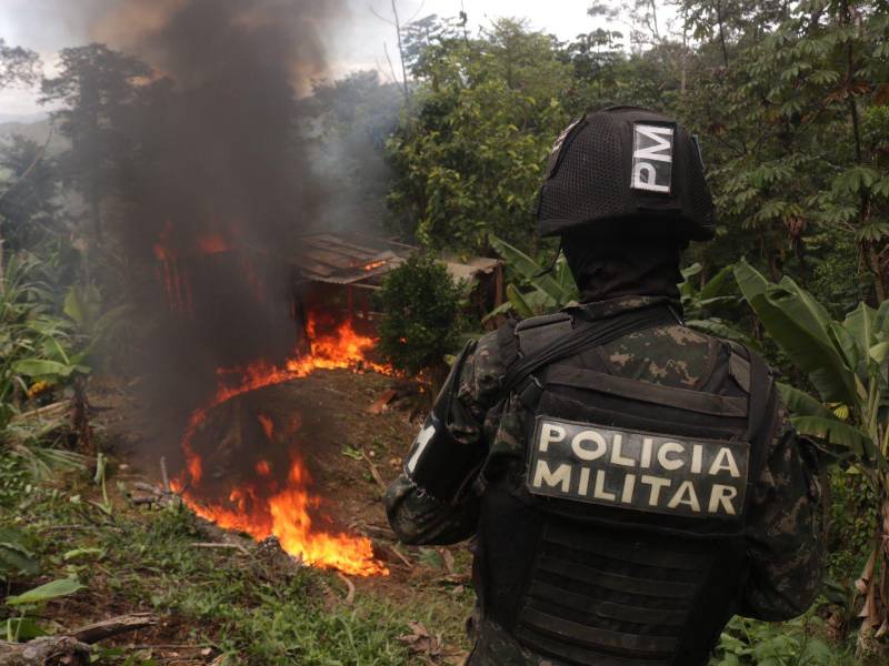 Agente de la Policía Militar observa la incineración de un narcolaboratorio.