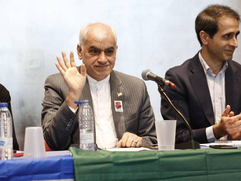 El embajador de Irán en España, Reza Zabib, durante su participación en un acto contra la agresión imperialista de EE.UU. e Israel, el sábado en Madrid.