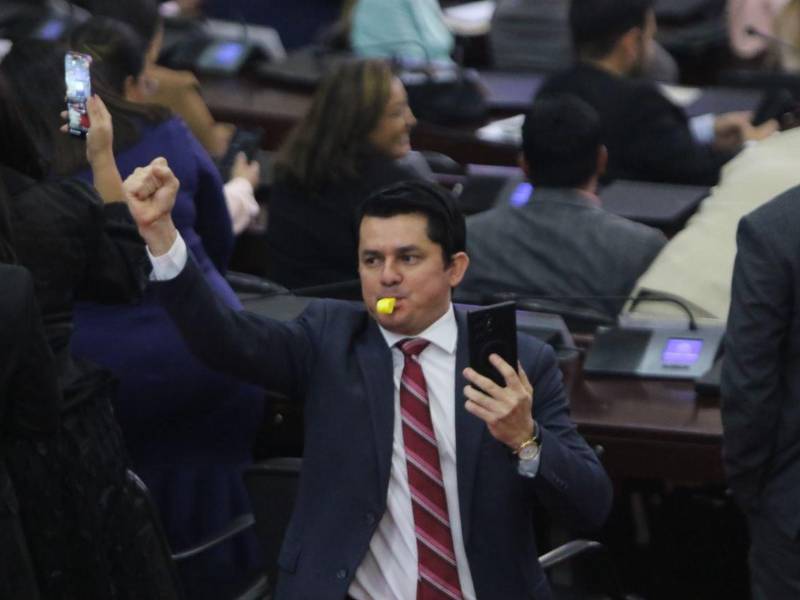 El diputado Fabricio Sandoval sonando un silbato durante la lectura de denuncia de juicio político.