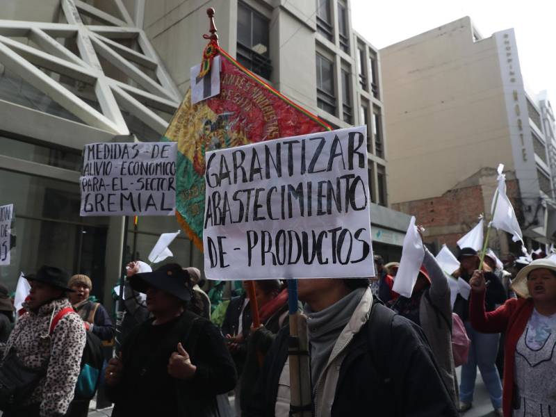 Personas sostienen carteles durante una marcha para exigir al gobierno soluciones ante los bloqueos y el desabastecimiento este martes, en La Paz (Bolivia).