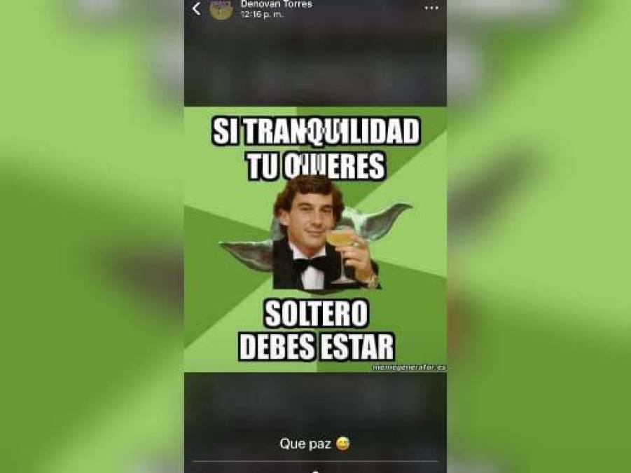 Denovan Torres compartió en sus redes sociales un meme con el escrito: “Si tranquilidad tu quieres, soltero debes estar”. Además, el portero del cuadro verde le agregó la frase: “Qué paz”.