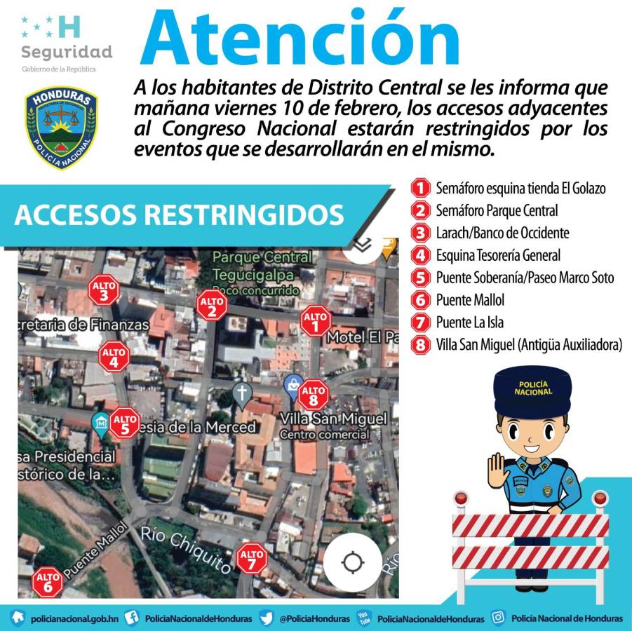 La Policía Nacional publicó ayer las calles y avenidas en las que se restringió el acceso este viernes.