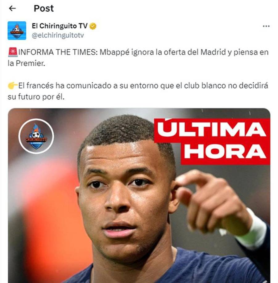 El Chiringuito de España informa lo que señala The Times respecto a Mbappé.