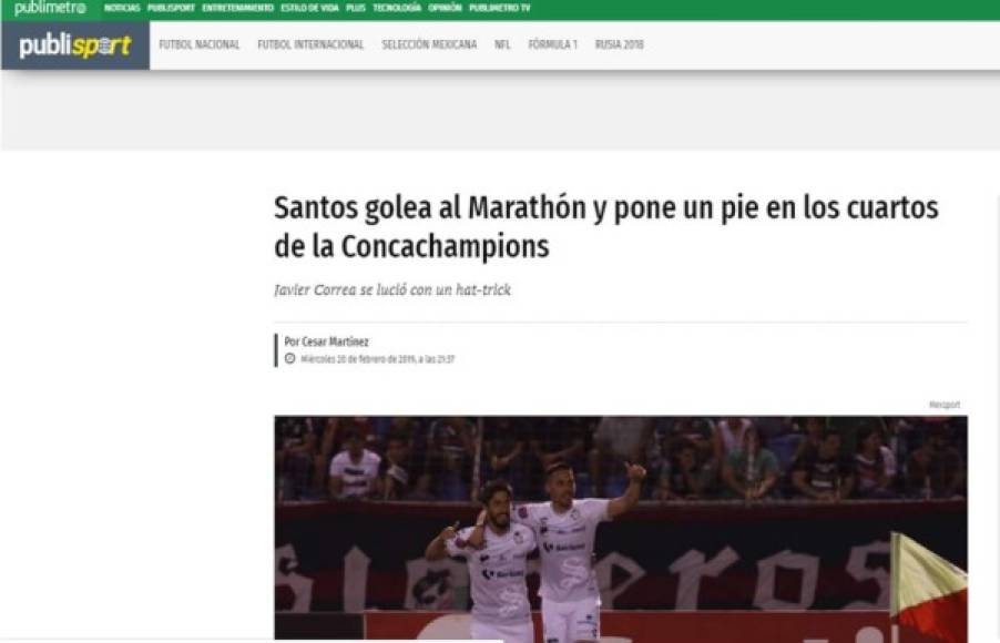 Publimetro México - 'Santos golea al Marathón y pone un pie en los cuartos de la Concachampions'. 'Javier Correa se lució con un hat-trick'.