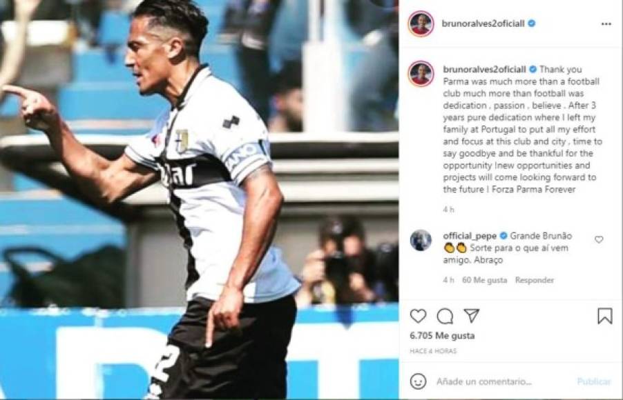 El veterano defensor Bruno Alves anunció su salida del Parma: 'Han sido tres años de pura dedicación. Es tiempo de decir adiós y ser agradecido por la oportunidad. Forza Parma', escribió en sus redes sociales.